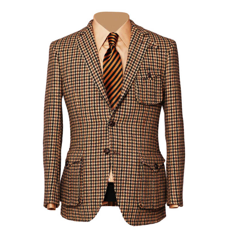 Men's Vintage Brown Houndstooth Tweed Single Breasted Blazer, Notch Lapel British Wool Casual Sport Coat for Autumn Winter