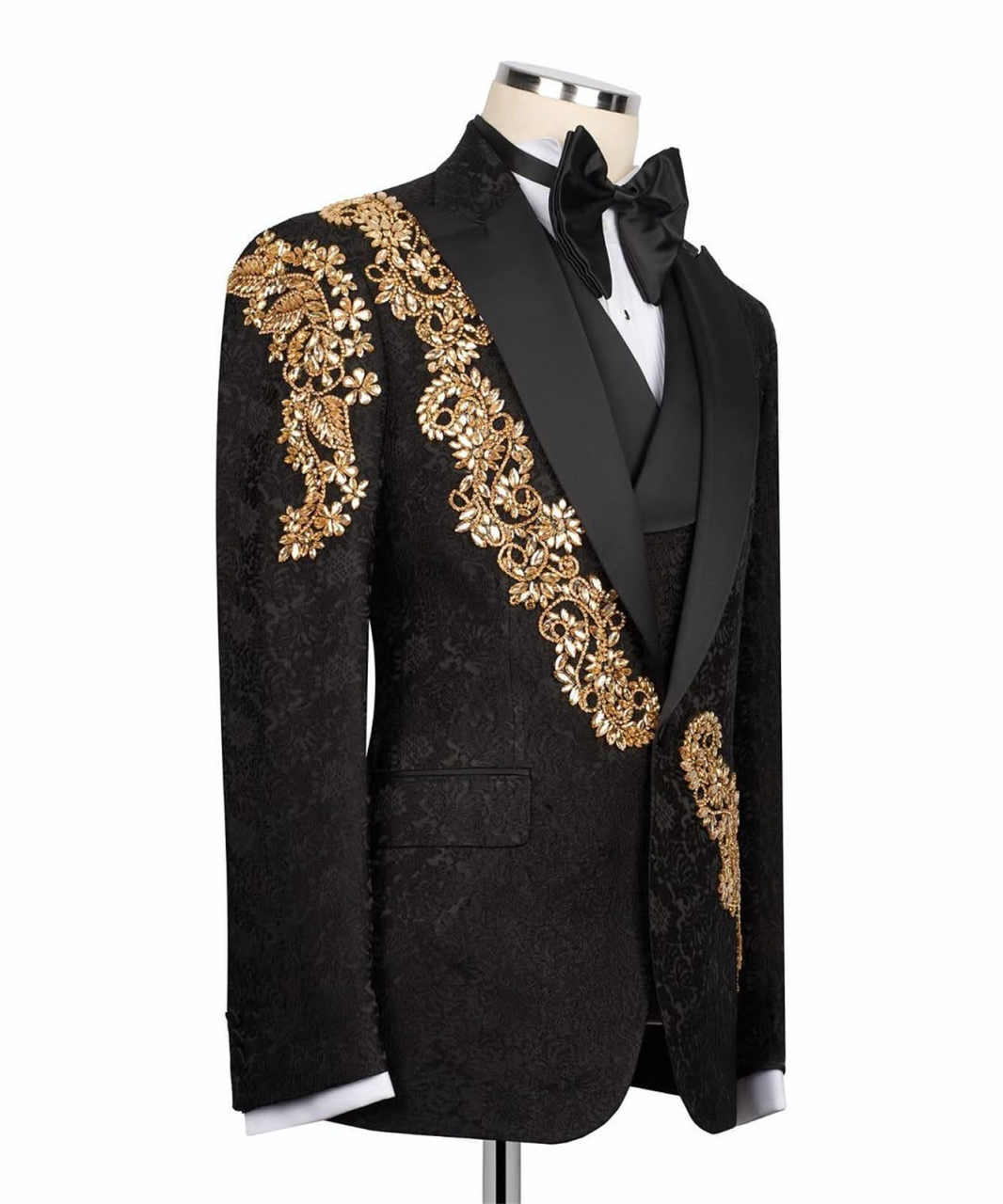 Men's Luxury Jacquard 3-Piece Suit with Rhinestone Slim Fit and Pointed Lapel, Suit Jacket, Vest, and Trousers Set, Suitable for Proms and Parties