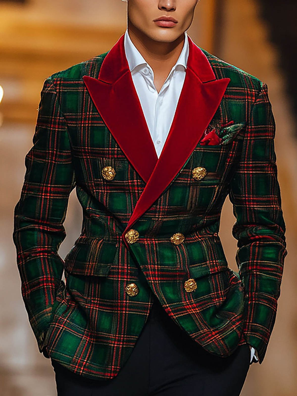 Men's Vintage Green Red Tartan Double Breasted Blazer, Red Velvet Peak Lapel Gold Buttons Formal Jacket for Banquet Holiday