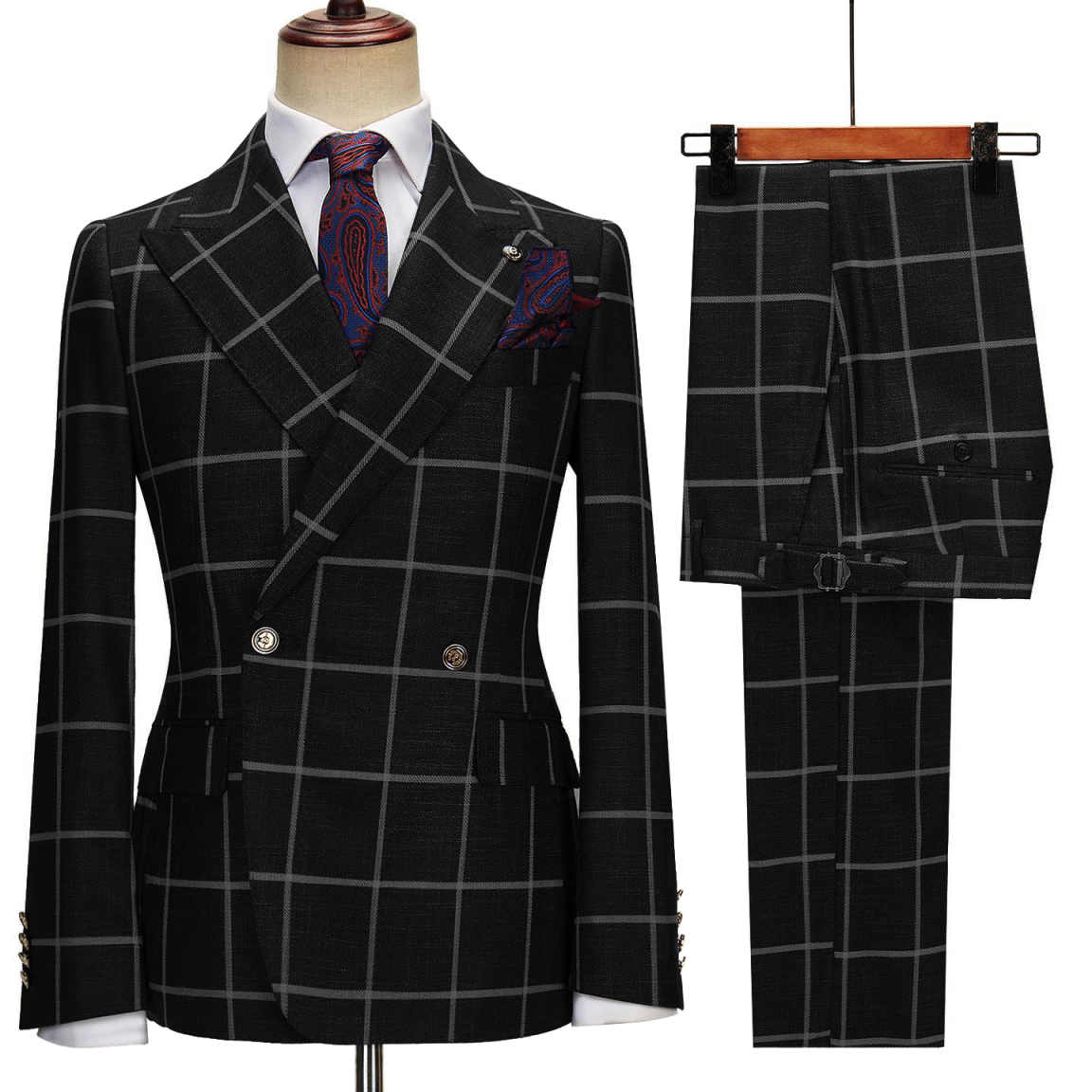 Men's Checked Blazer Peak Lapel Double Breasted Buttons Coat for Daily Business Trip