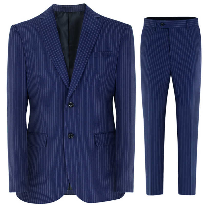 Men's Slim Fit Navy Pinstripe 2 Piece Suit, Two Button Business Formal Blazer & Trousers Set for Wedding Office