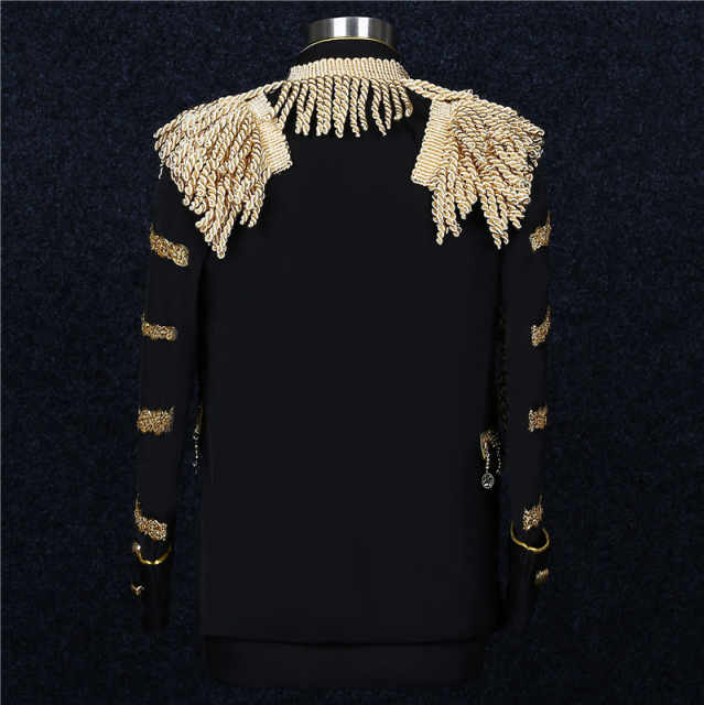 Mens Gold Tassels Stylish Suit Jacket Stand Collar Slim Fit Steampunk Gothic Vintage Uniform Man Suit