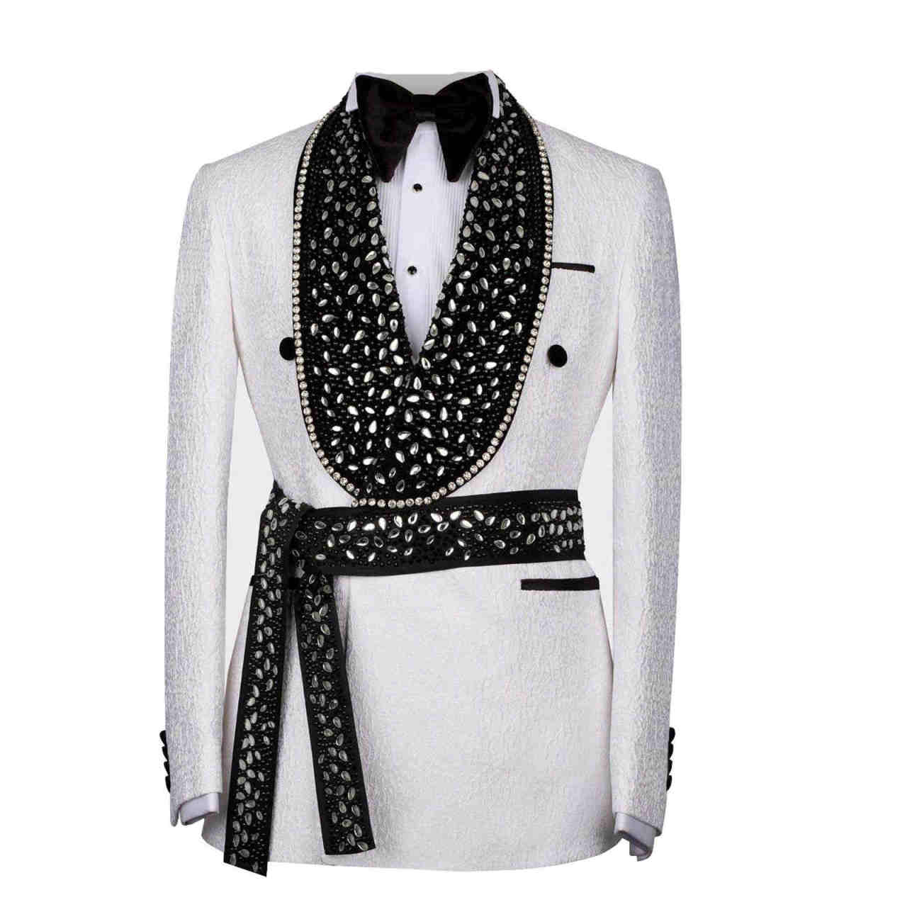Men's Tuxedo Rhinestones Suits with Belt Slim Luxury Wedding Party Blazer Jacket Pants Suit Prom,Dinner Set
