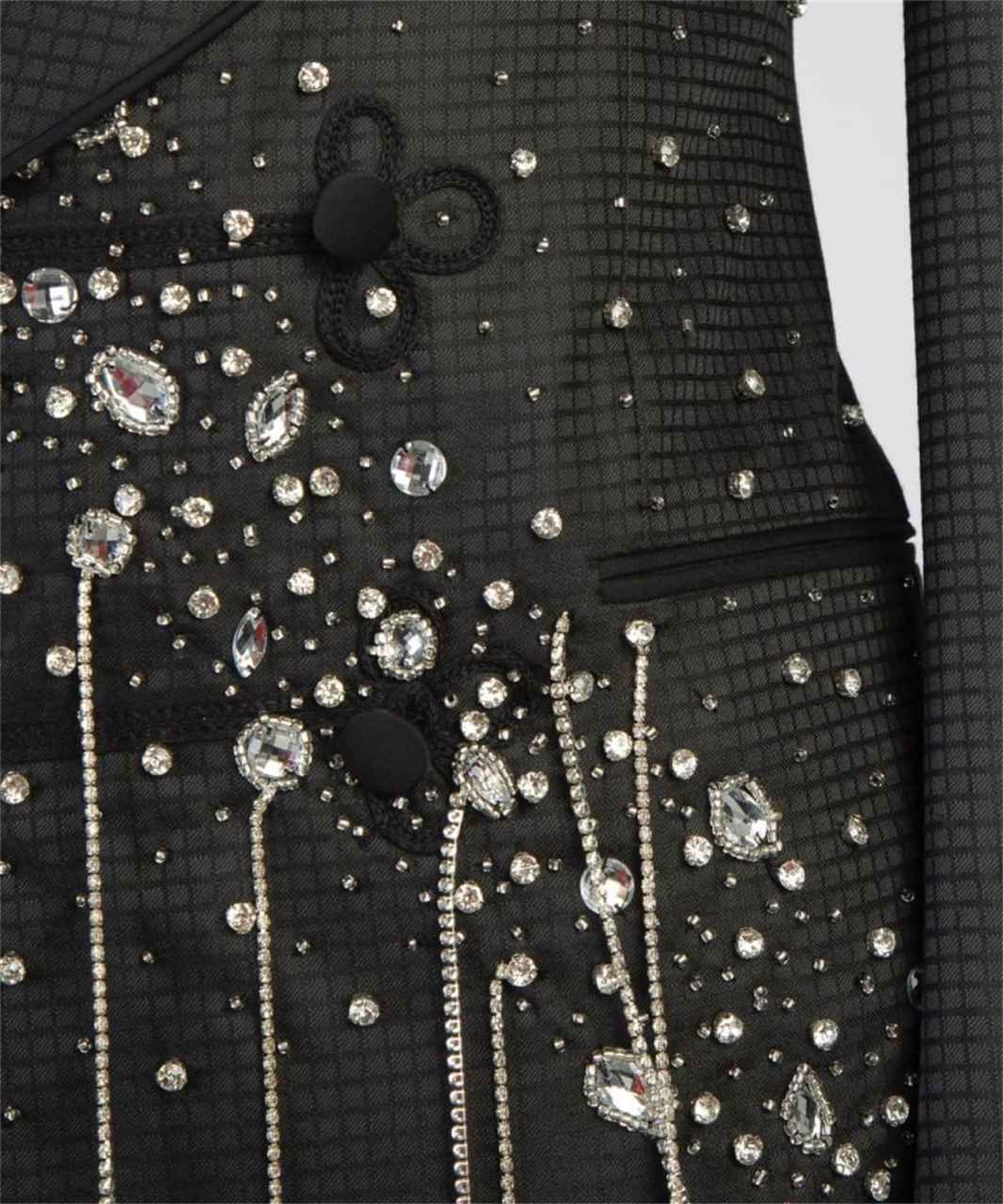 Slim Fit Black Men's Tailcoat Jacket, Handmade Rhinestones, Peak Lapel Double Breasted, Ideal for Evening Parties & Dances