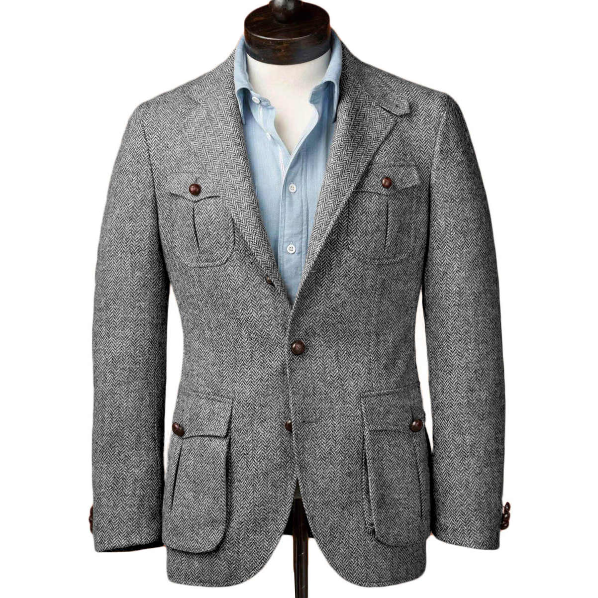 Men's Herringbone Twill Wool Blend Norfolk Jacket, Single Breasted Slim Fit Retro British Casual Sport Coat for Grooms