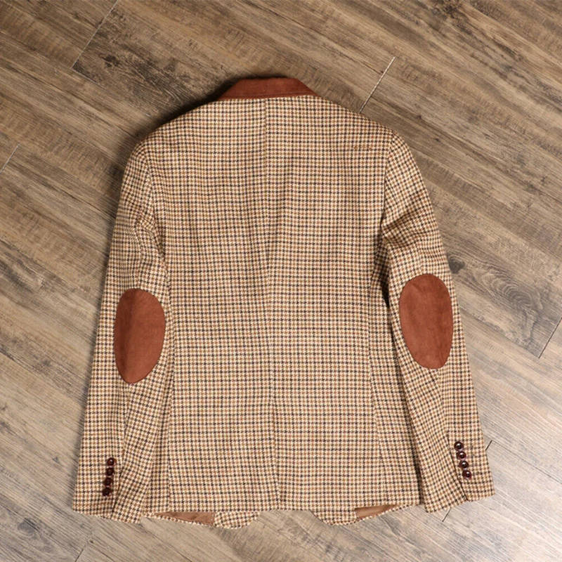 Retro 3 Piece Brown Tweed Herringbone Wedding Suits Regular Fit Blazer Vest Pants Set for Prom Dinner Business