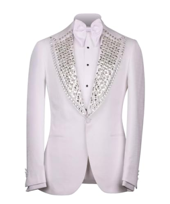 Men's Black Honeycomb Textured Tuxedo Jacket, Peak Lapel Fully Decorated with 3D Black Rhinestone Florals, Slim Formal Blazer for Wedding Banquet Stage