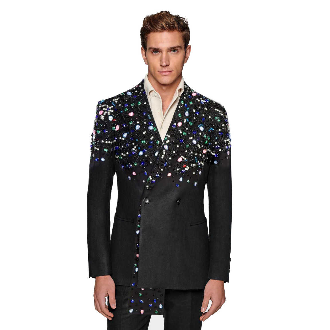 Glitter Crystals Men Wedding Tuxedos Double Breasted Peaked Lapel Pant Sets Classic Fit Prom Male Party Customized 2 Pieces