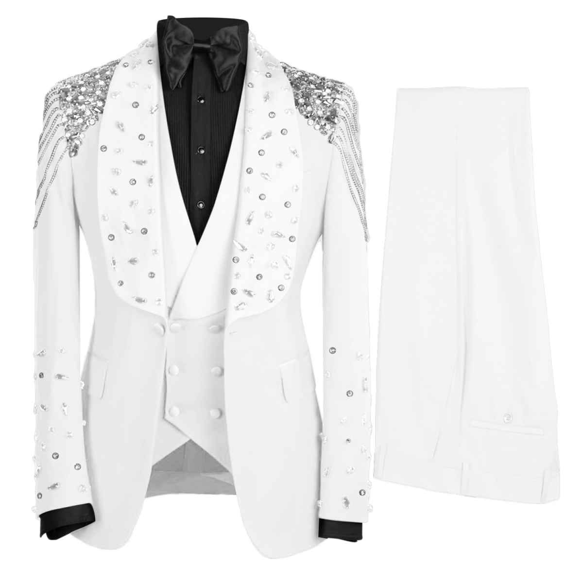 3 Piece Men's Tuxedo Suit with Rhinestones Luxury Prom Blazers Set | Slim Shawl Lapel Jacket Vest Pants Suit for Homecoming, Wedding, Party, Dinner