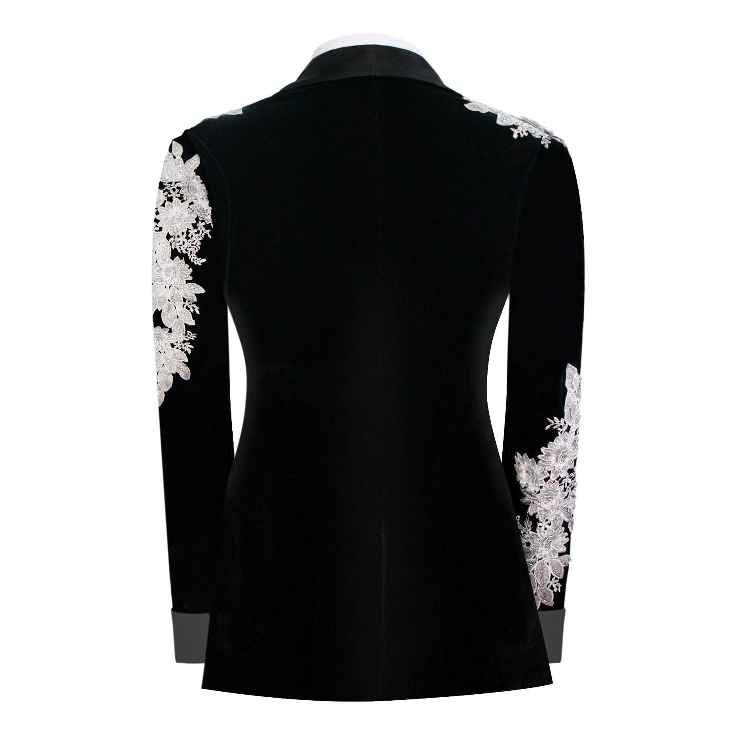 Luxury Dark Green Velvet Tuxedo Jacket, Handmade Silver Floral Rhinestone Embroidery Shawl Lapel Slim Fit Suit for Groom Wedding Host Gala Party