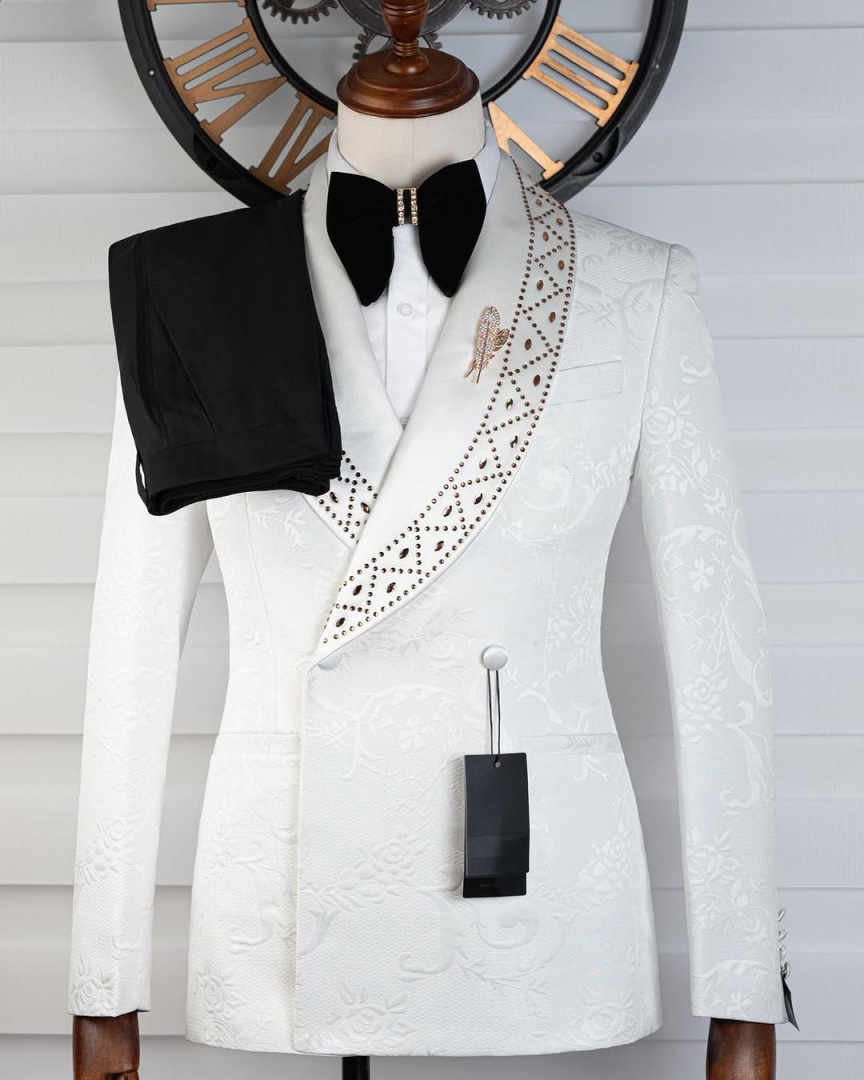 Elegant Wedding Suits For Groom Shawl Lapel Double Breasted Rhinestone Tuxedos 2 Pcs Jacket Pants Party Prom Customized