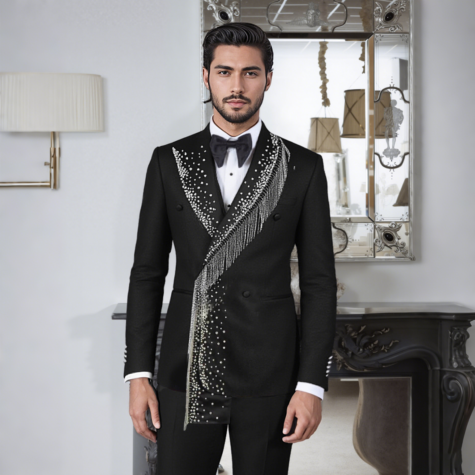 Men's Black Double Breasted Tuxedo with Handmade Rhinestone Fringe Lapel, Slim Formal Suit for Groom Wedding Stage Hosting