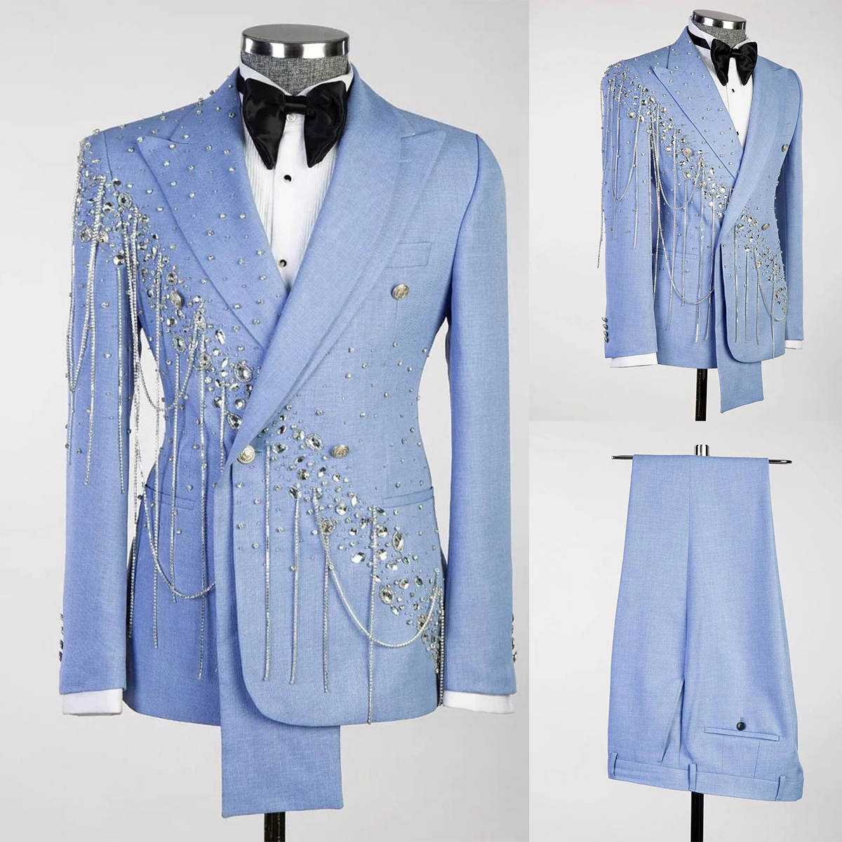 Men's Rhinestone Tuxedo Blazer Slim Fit Dinner Jacket | Handmade Rhinestone Prom Wedding Suit, Peak Lapel Double Breasted One-Button Party Blazer Party