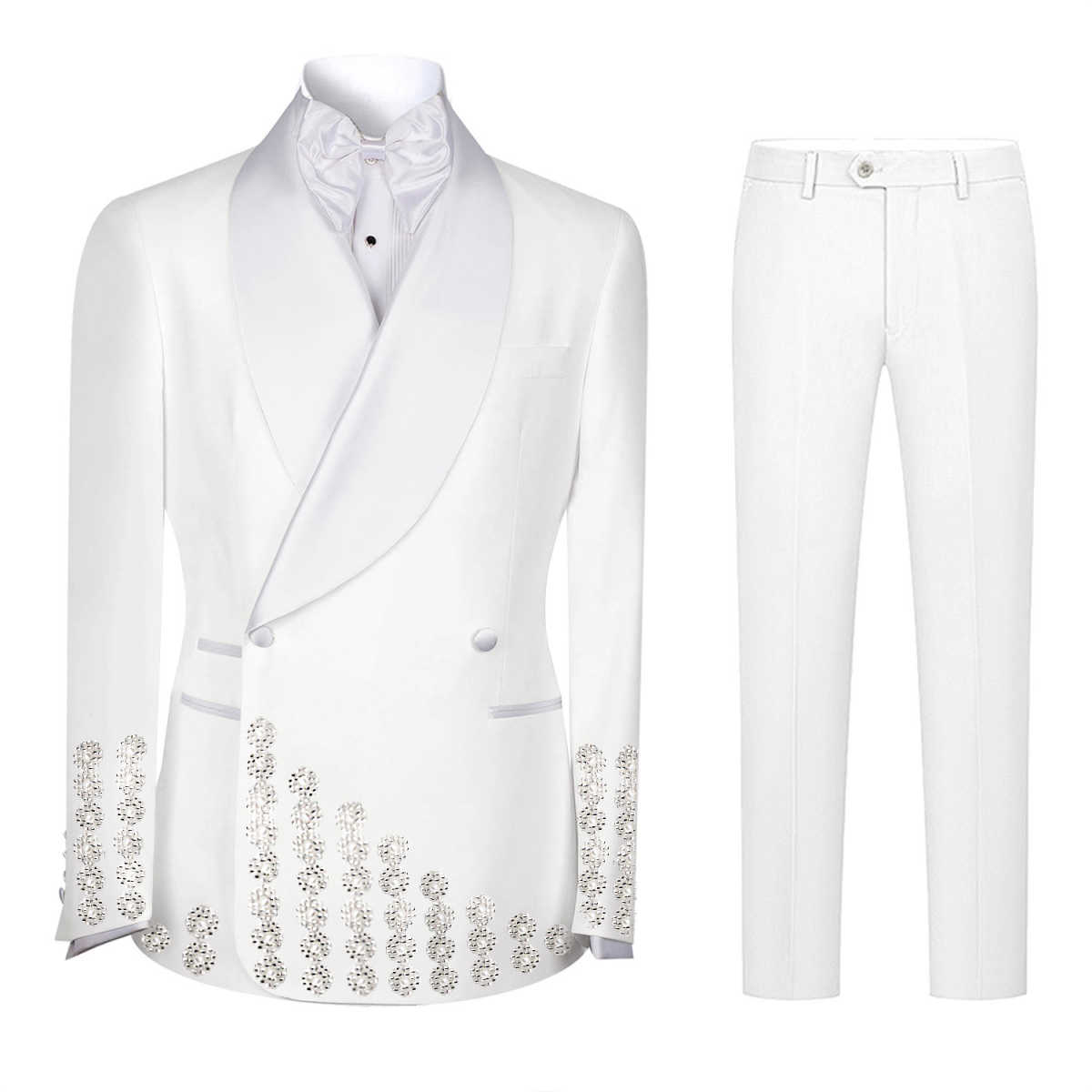 Men's Luxury Rhinestone Embellishments Tuxedo Blazer Shawl Lapel Double Breasted Prom Banquet Party Formal