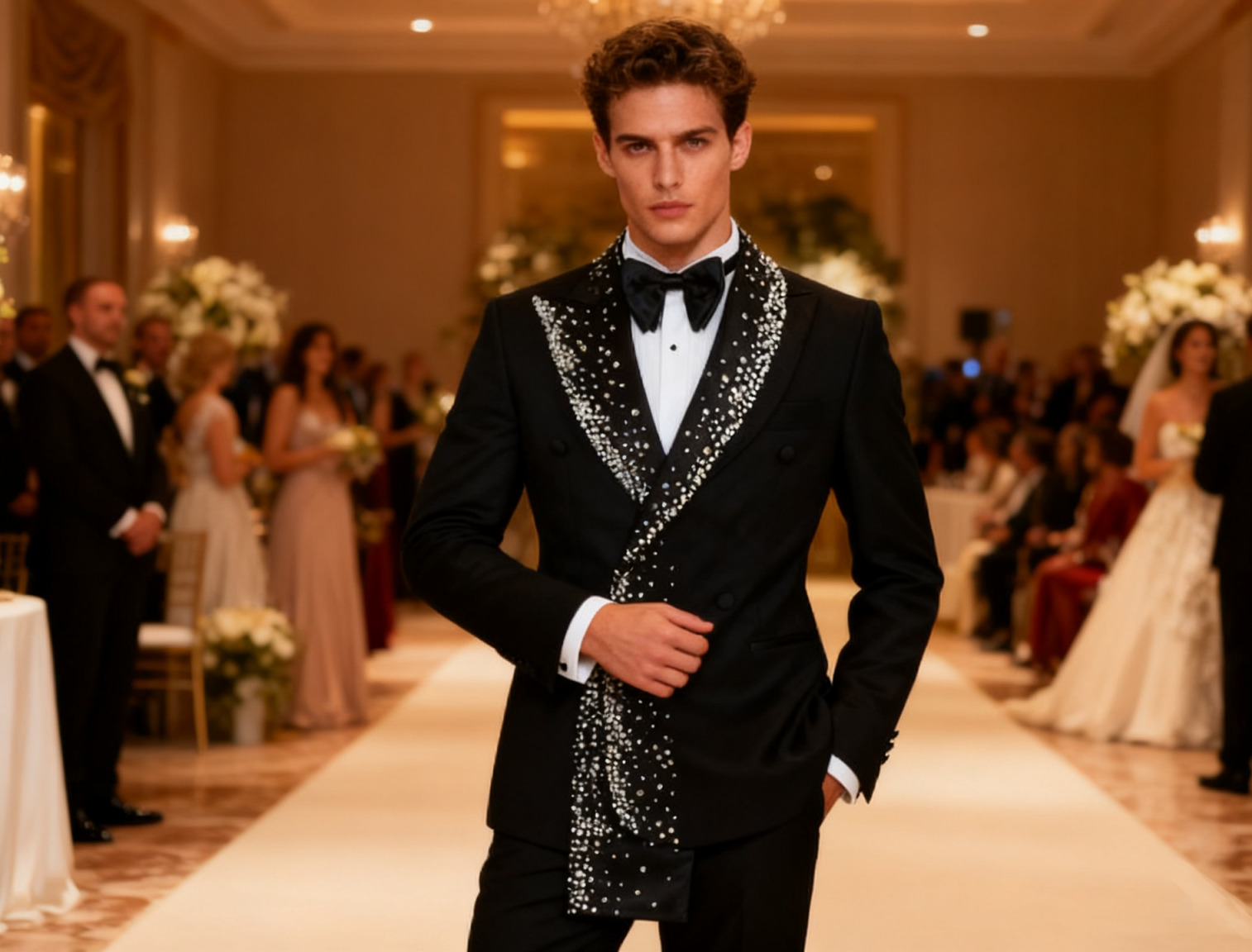 Men's Black Double Breasted Tuxedo Jacket with Gradient Waterfall Rhinestone Peak Lapel, Slim Formal Blazer for Groom Wedding Banquet Stage