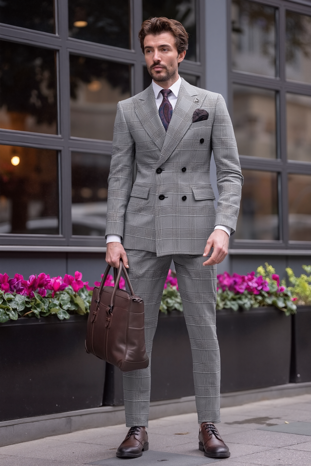 Men's Grey Prince of Wales Check Double Breasted Suit 2-Piece Slim Fit Business Wedding Blazer & Trousers