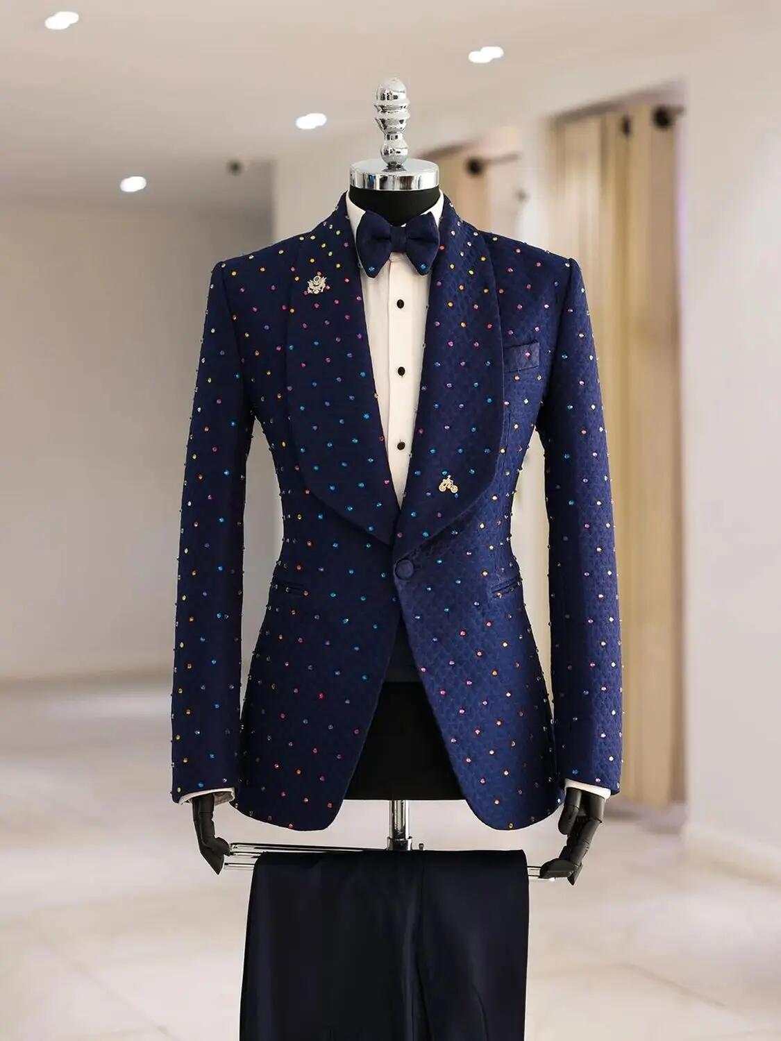 Men's 2-Piece Slim Fit Rhinestone Shawl Lapel Tuxedo Set: Jacket & Pants for Proms, Parties & Banquets