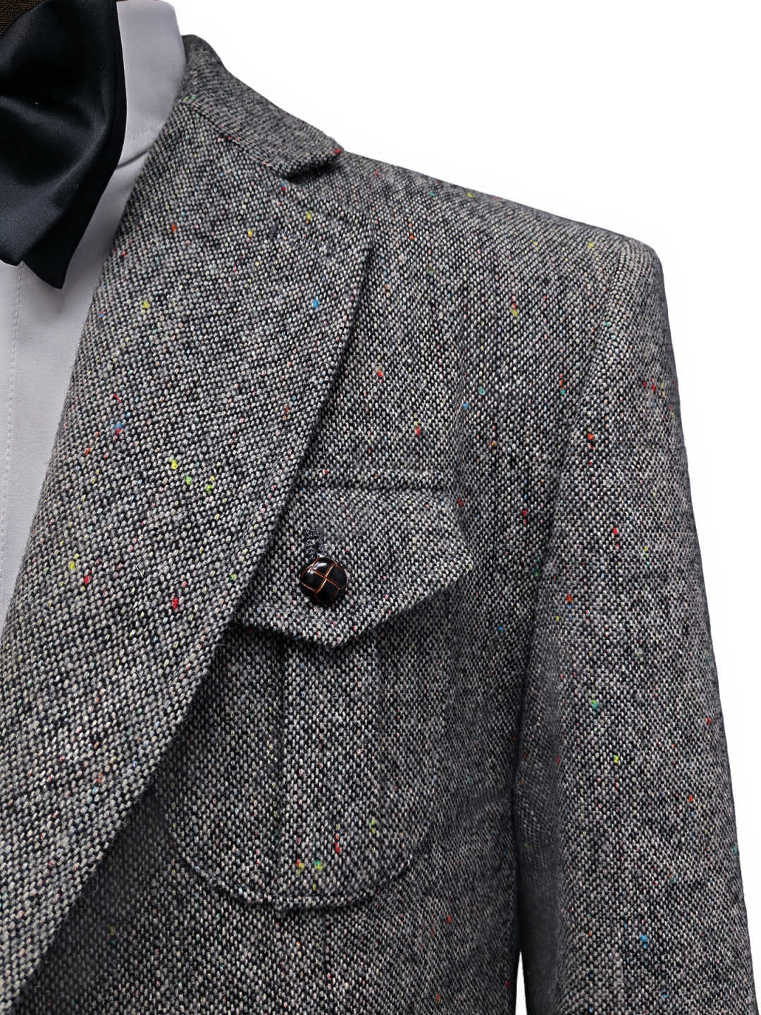 Men's Grey Speckled Tweed 3-Piece Safari Suit, Multi Cargo Pockets Notch Lapel Vintage Wool Blazer Waistcoat Trousers