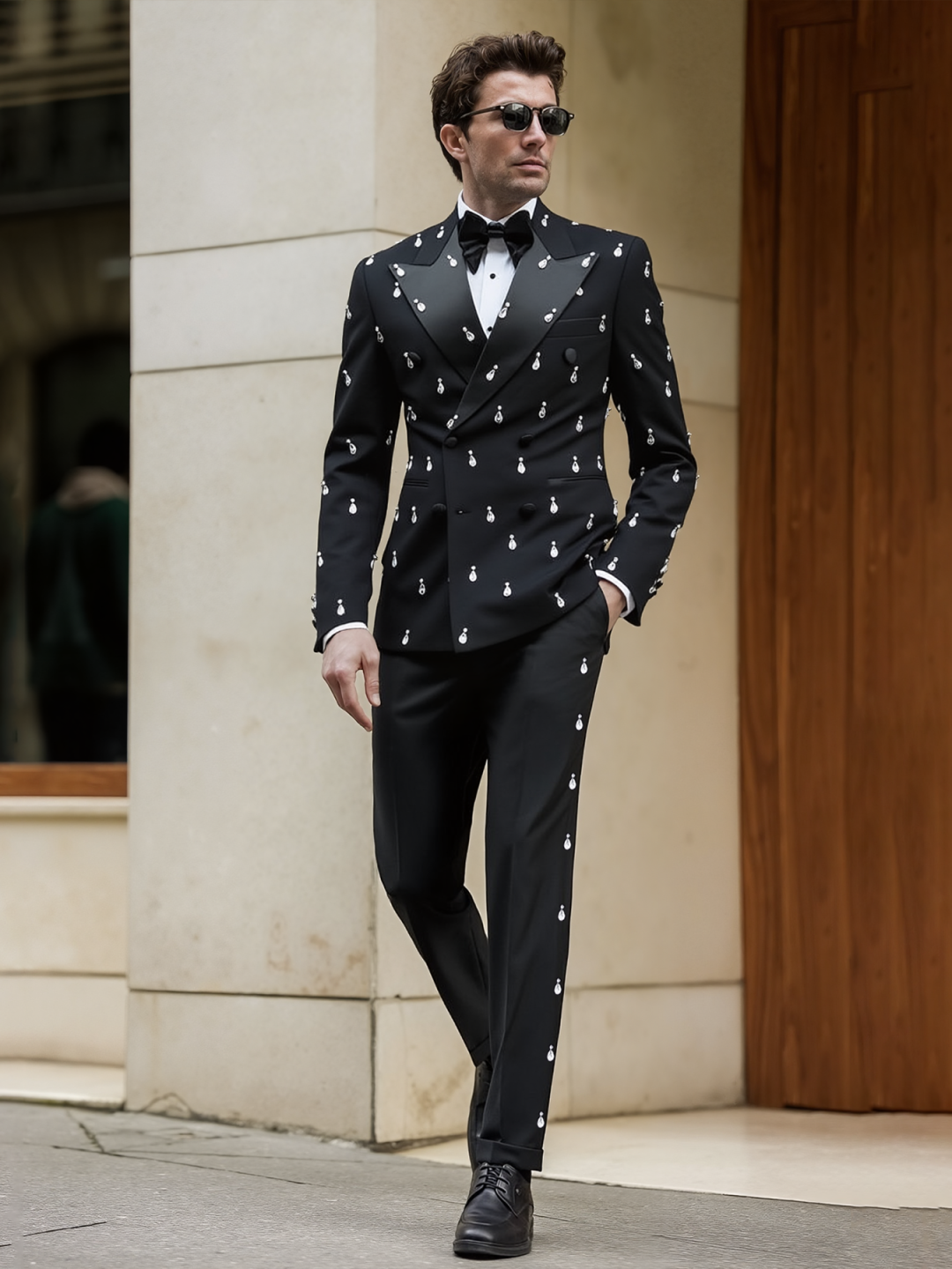 Black Crystals Men Suits Set 2 Piece Blazer+Pant Double Breasted Wedding Tuxedo Coat Customized Formal Office Jacket Trousers