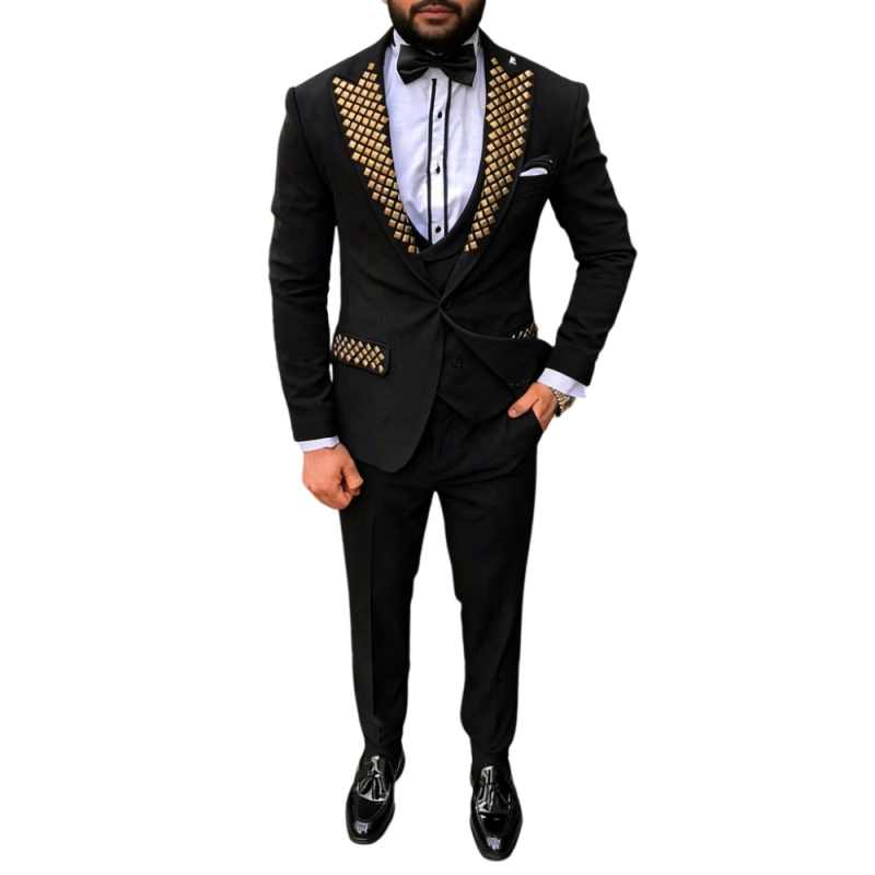 Men Black 3 Piece Tuxedo with Gold Square Studs Lapel Slim Fit Wedding Party Stage Formal Suit