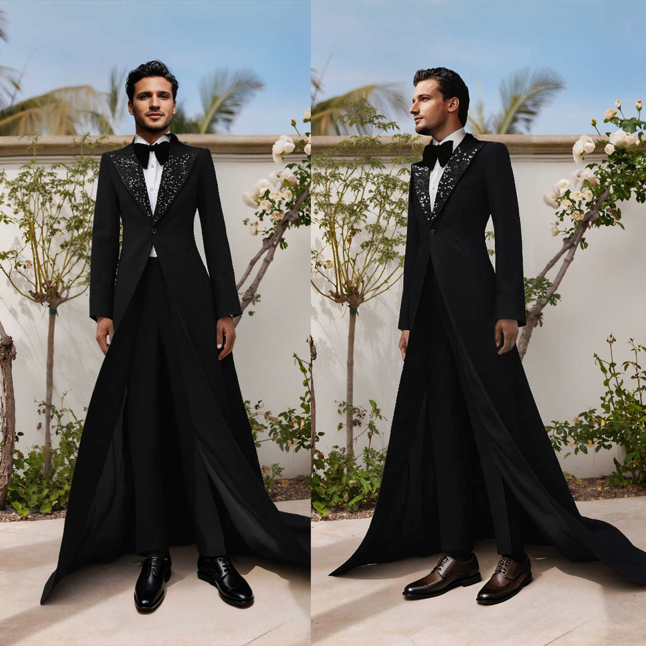 Men's Long Train Tuxedo 3-Piece Suit, Rhinestone Peak Lapel Slim Tailcoat for Groom Wedding Stage Show