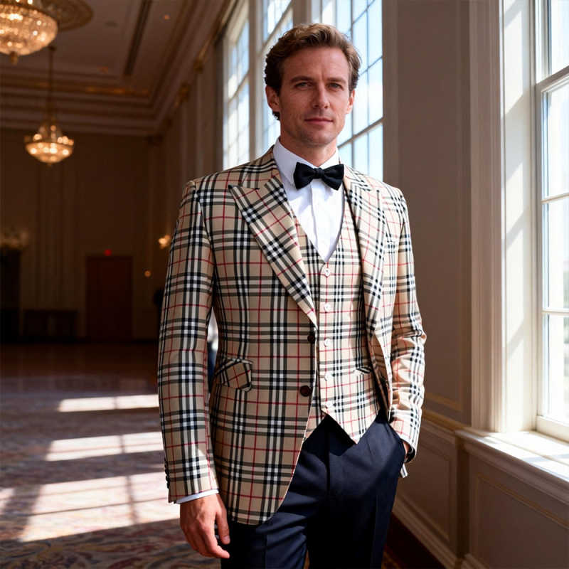 Men Vintage Plaid Blazer Classic British Check Suit Jacket Slim Fit Casual Formal Sport Coat