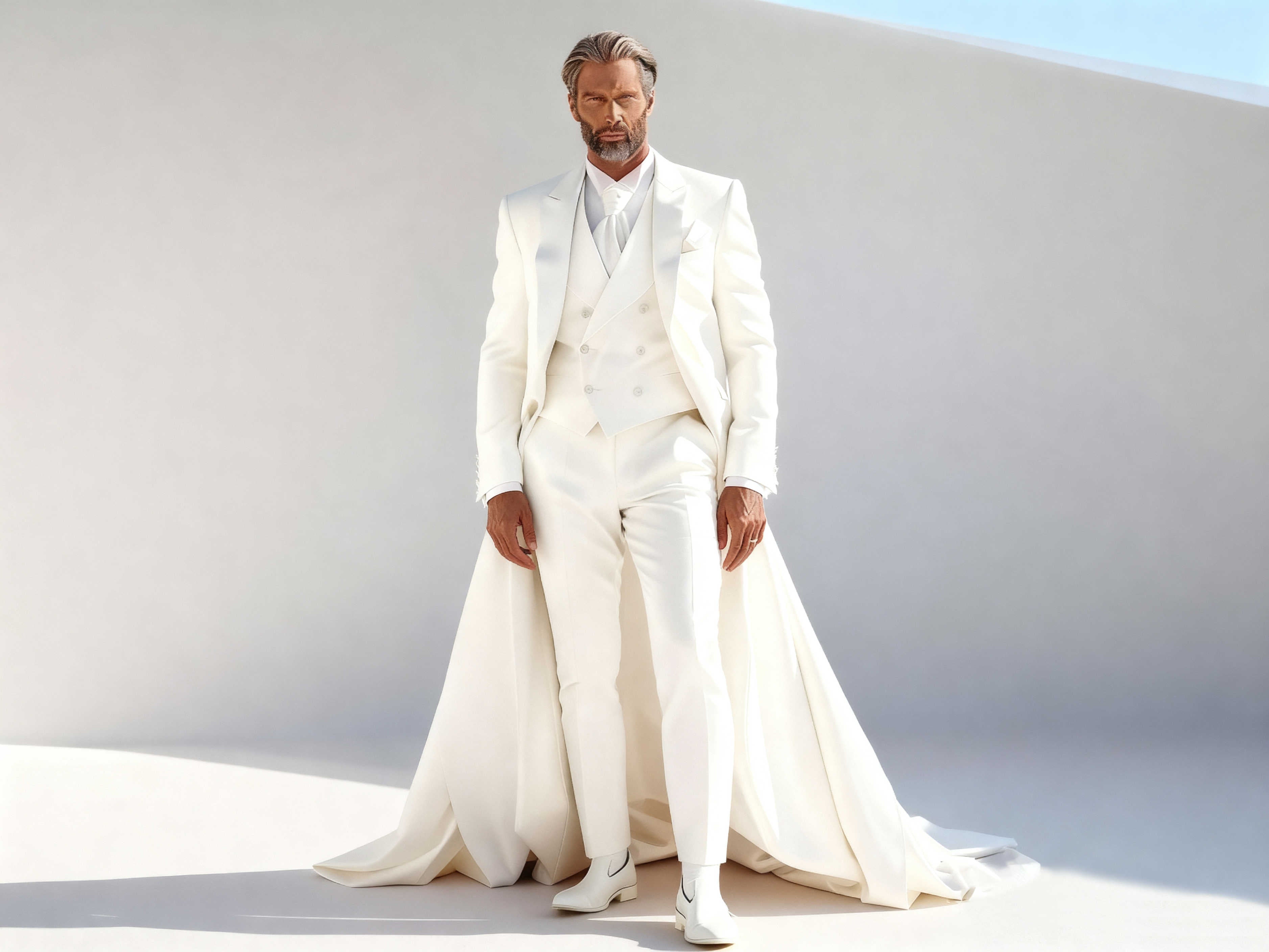 Men's 3 Piece Long Train Tuxedo Double Breasted Waistcoat Wedding Photoshoot Suit