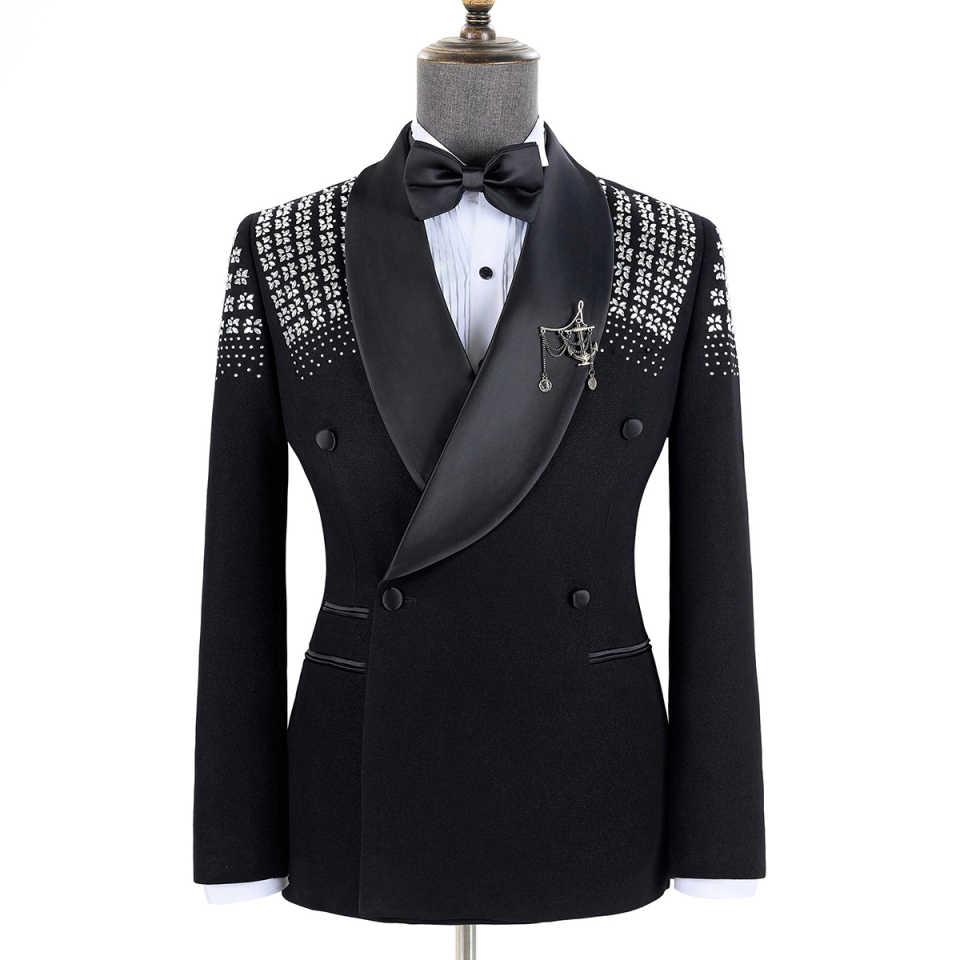 2 Pieces Men Tuxedo Suit with Rhinestones Shawl Lapel Blazer Slim Jacket Pants Set for Wedding，Prom,Party,Dinner