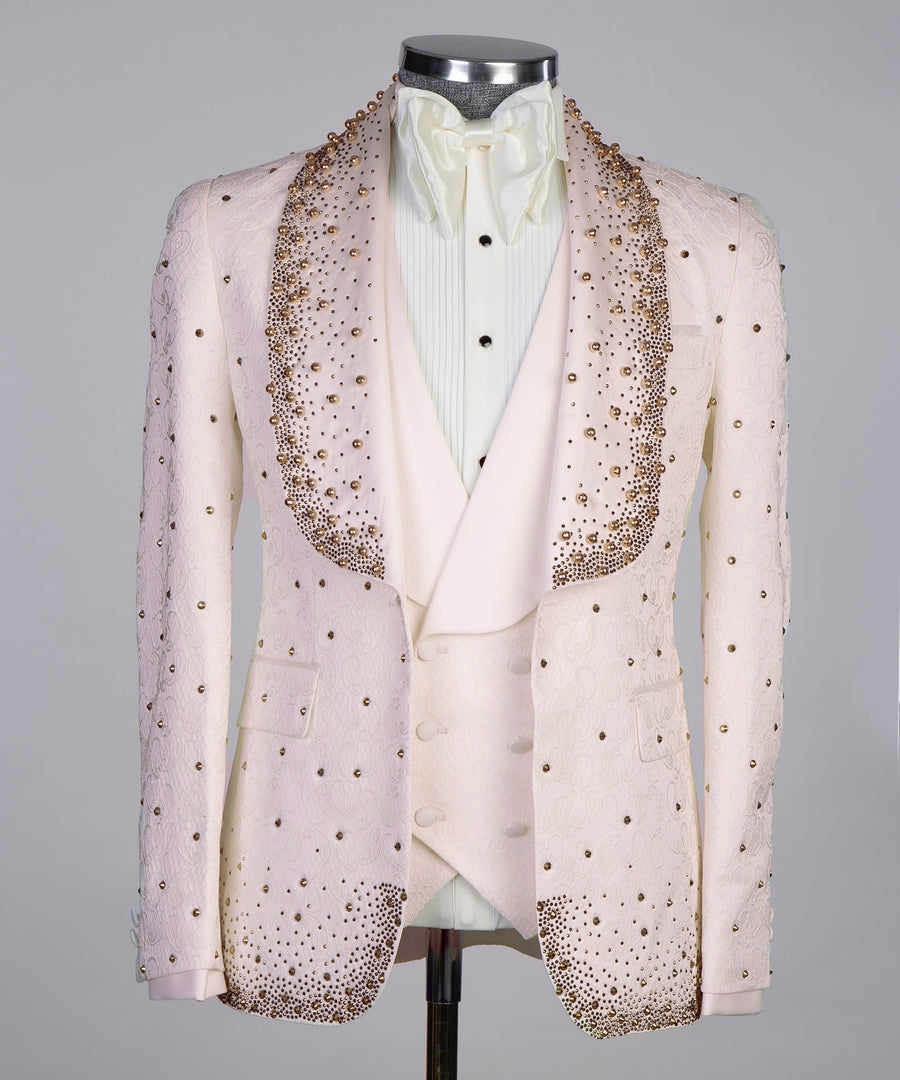 Men's Gradient Gold Beaded Velvet Shawl Lapel Tuxedo Jacket, Embossed Jacquard Slim Formal Blazer for Groom Stage Performance