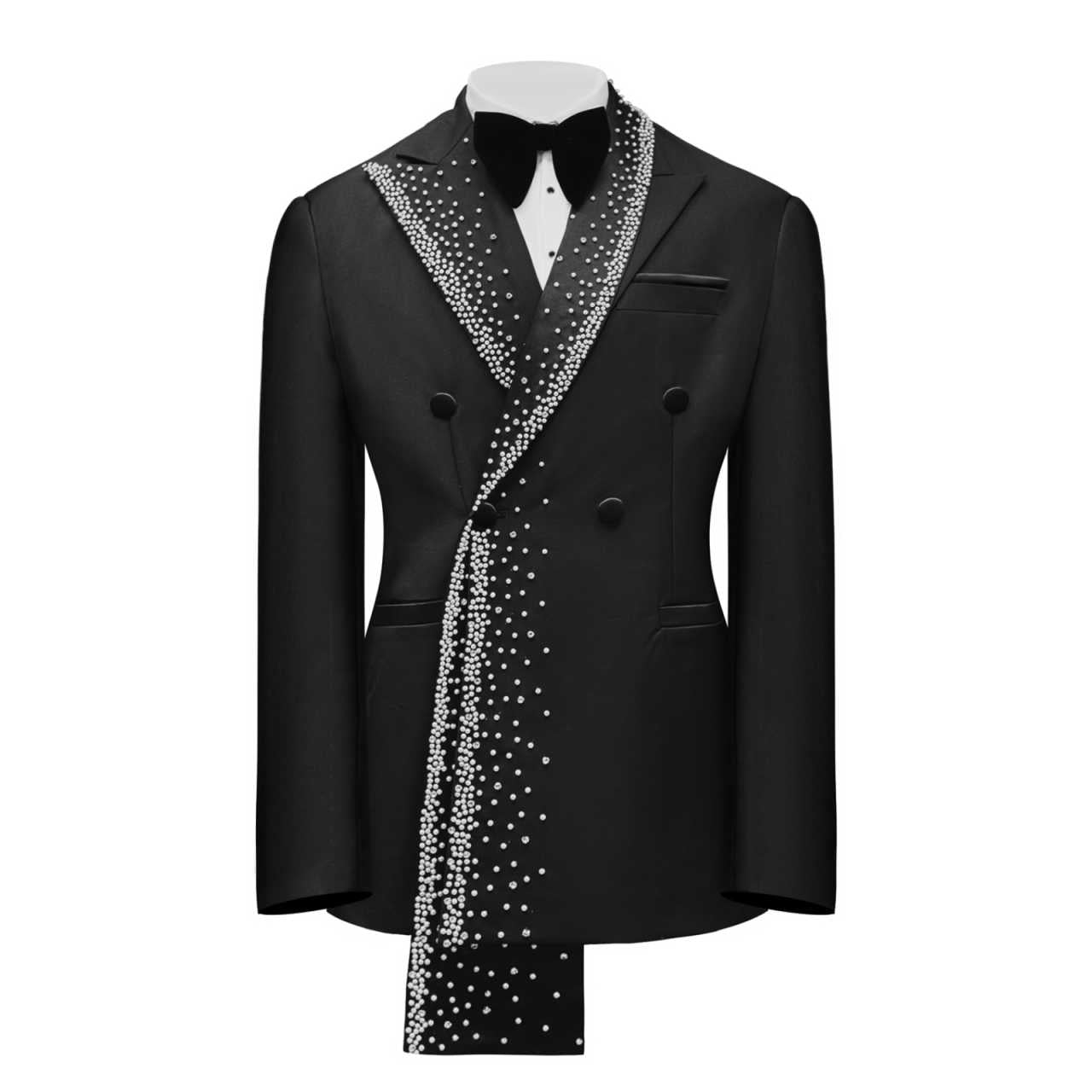 Men's Black Double Breasted Tuxedo Jacket with Gradient Waterfall Rhinestone Peak Lapel, Slim Formal Blazer for Groom Wedding Banquet Stage