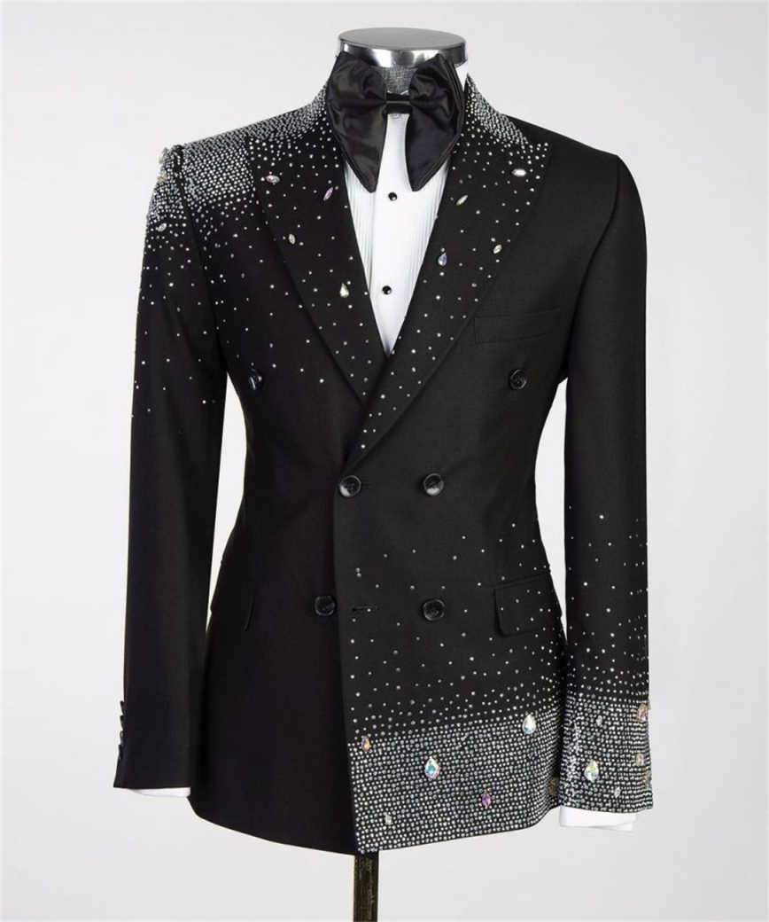 Men's Black Matte Tuxedo Jacket with Peak Lapel, Gradient Gold AB Rhinestones From Shoulder To Hem, Slim Formal Blazer for Groom Stage Banquet