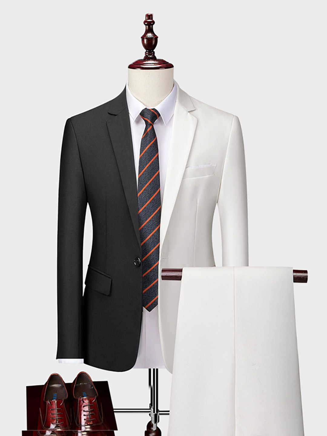 Men's 2-Piece Black White Split Color Block Suit, Single Button Slim Contrast Blazer & Trousers for Stage Show Fashion Runway