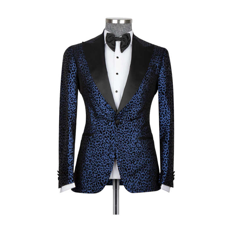 Navy Blue 2Pcs Fashion Single Button Peak Lapel Leopard Print Wedding Suits For Men Party Tuxedos Slim Fit Customized