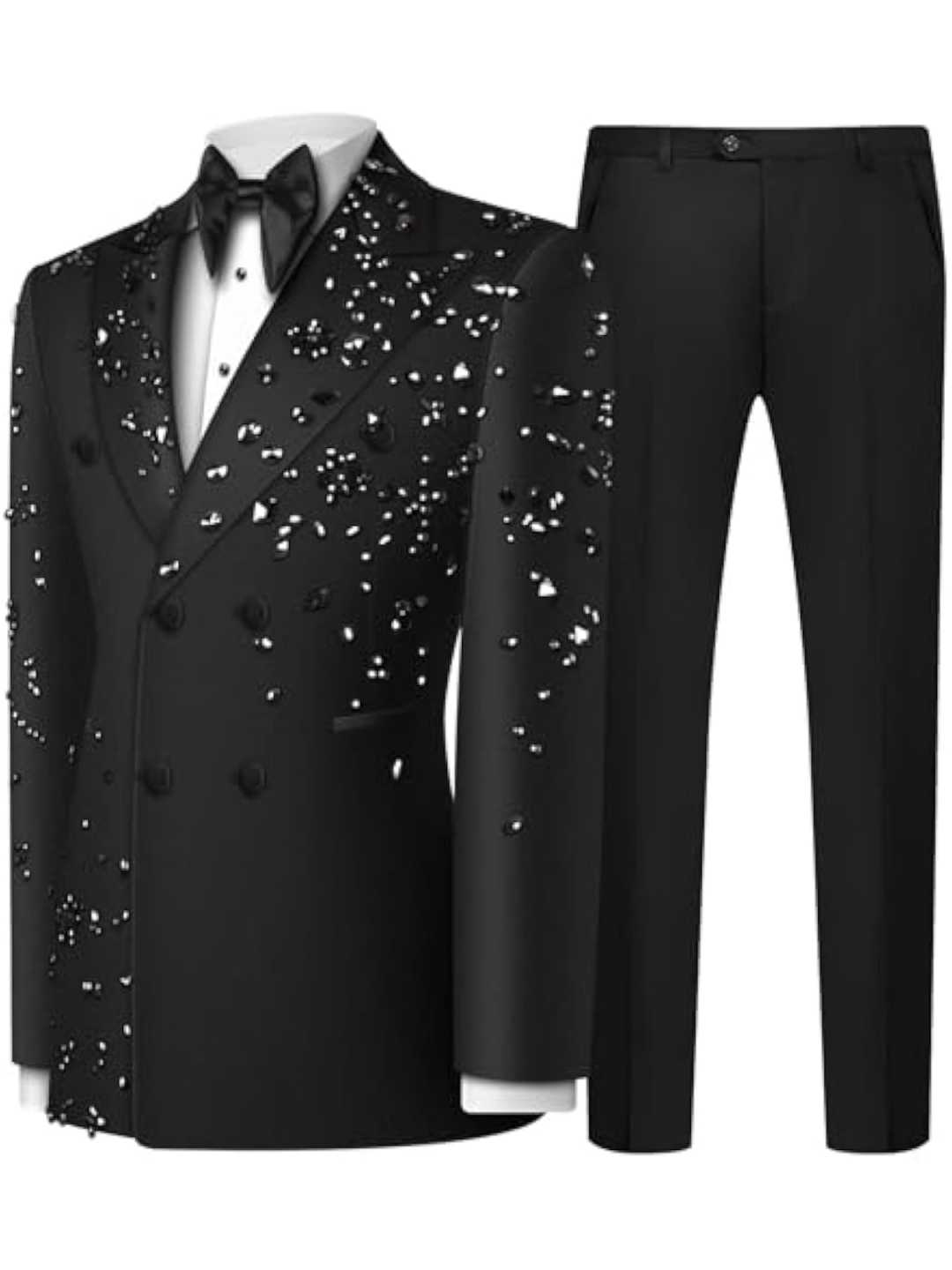 Luxury Men's 2 Piece Suit Slim Fit Double Breasted Beads Crystal Party Wedding Tuxedo Suits Blazer Jacket Pants Set
