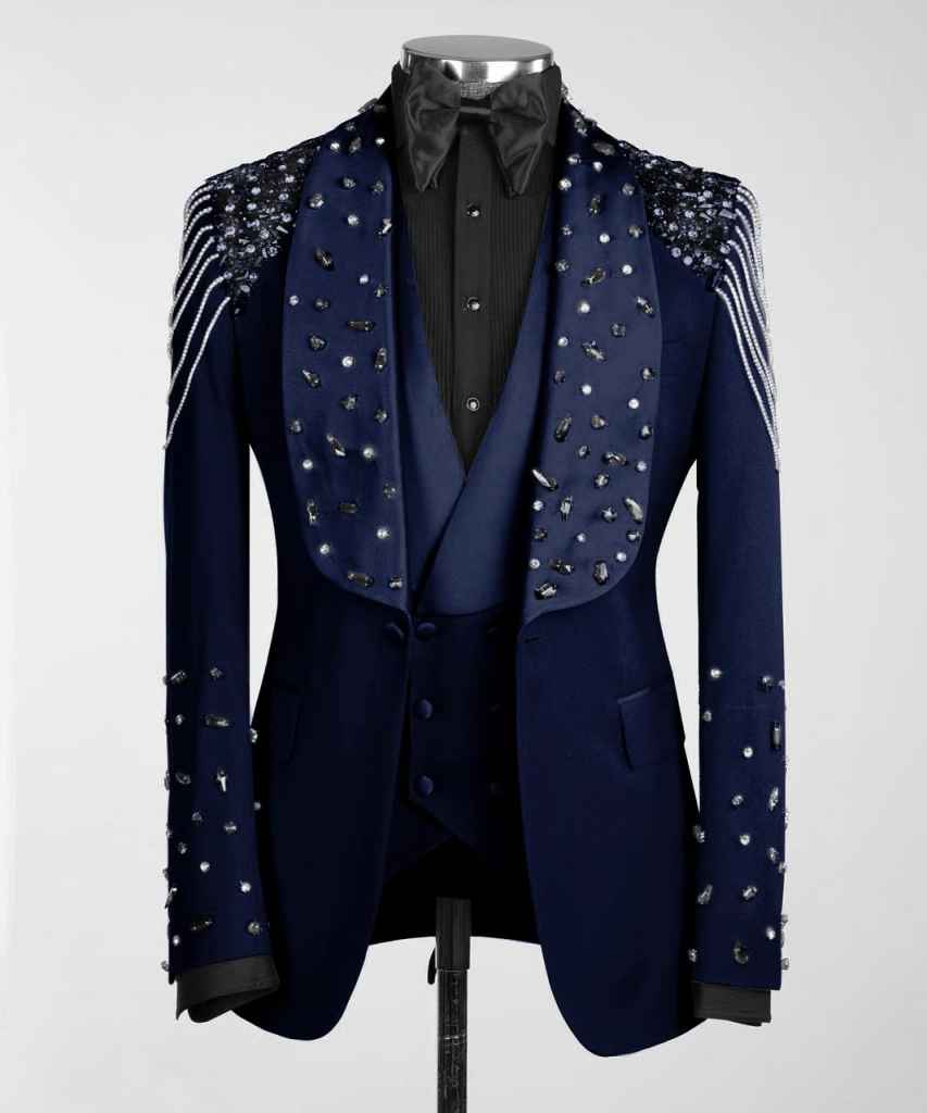 3 Piece Men's Tuxedo Suit with Rhinestones Luxury Prom Blazers Set | Slim Shawl Lapel Jacket Vest Pants Suit for Homecoming, Wedding, Party, Dinner
