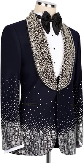 Men's Jacquard Tuxedo Blazer with Beads Crystal for Wedding | Slim Fit, Single-Breasted Party Blazer with rhinestone for Gala,Dinner,Party,Prom, Homecoming