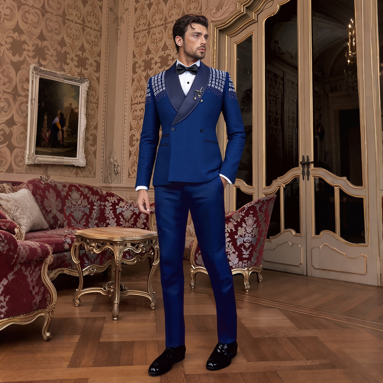 2 Pieces Men Tuxedo Suit with Rhinestones Shawl Lapel Blazer Slim Jacket Pants Set for Wedding，Prom,Party,Dinner
