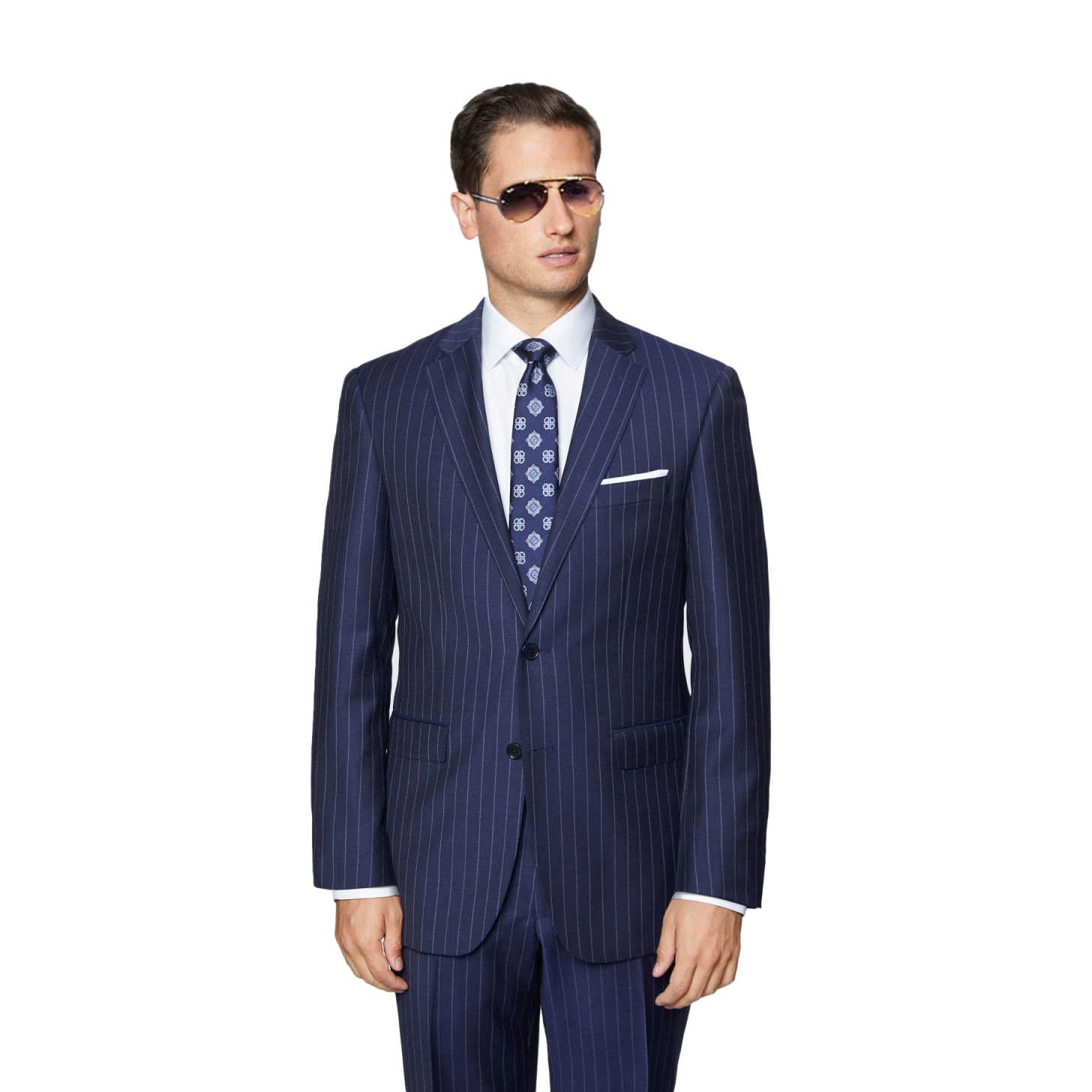 Men's Slim Fit Navy Pinstripe 2 Piece Suit, Two Button Business Formal Blazer & Trousers Set for Wedding Office