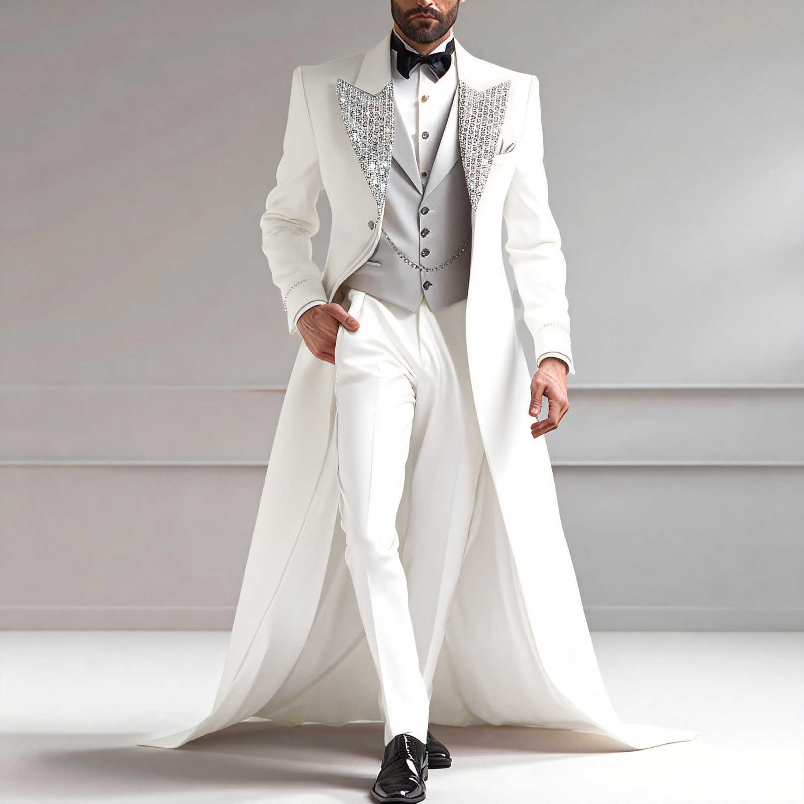 Men's Long Train Tuxedo 3-Piece Suit, Rhinestone Peak Lapel Slim Tailcoat for Groom Wedding Stage Show