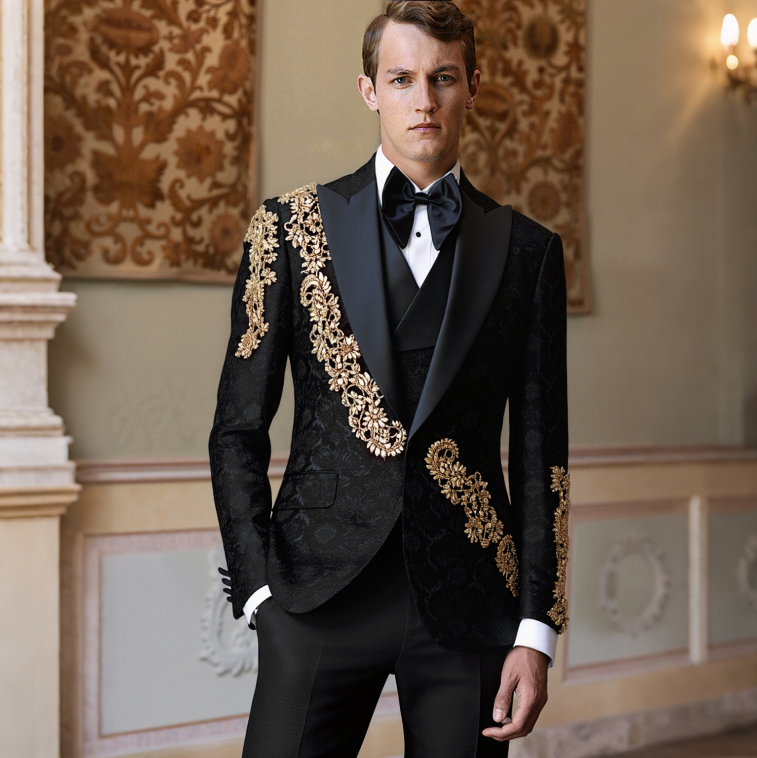 Men's Luxury Jacquard 3-Piece Suit with Rhinestone Slim Fit and Pointed Lapel, Suit Jacket, Vest, and Trousers Set, Suitable for Proms and Parties