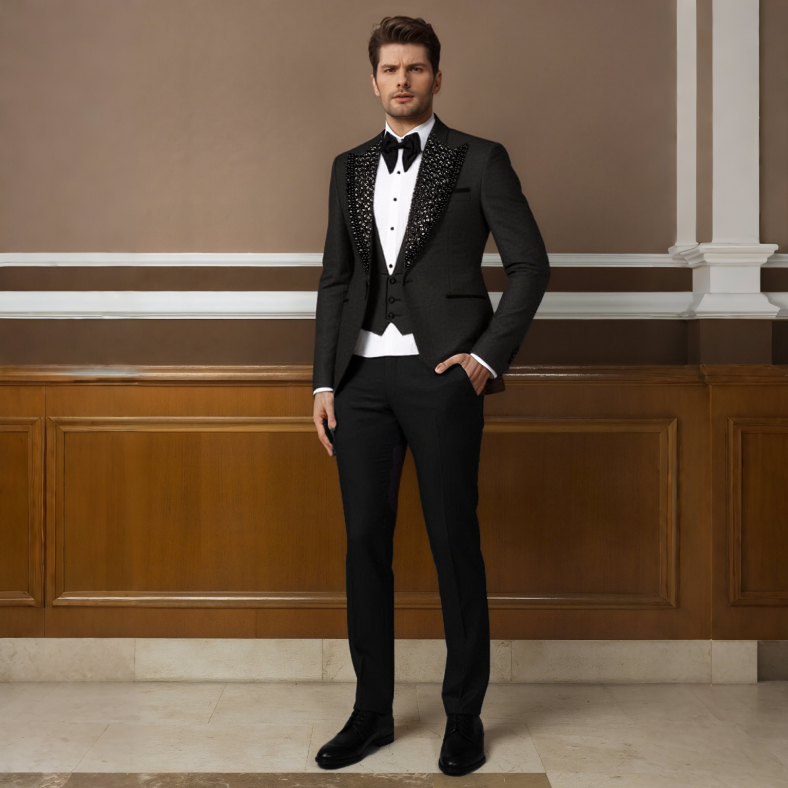 Men's Black Honeycomb Textured Tuxedo Jacket, Peak Lapel Fully Decorated with 3D Black Rhinestone Florals, Slim Formal Blazer for Wedding Banquet Stage