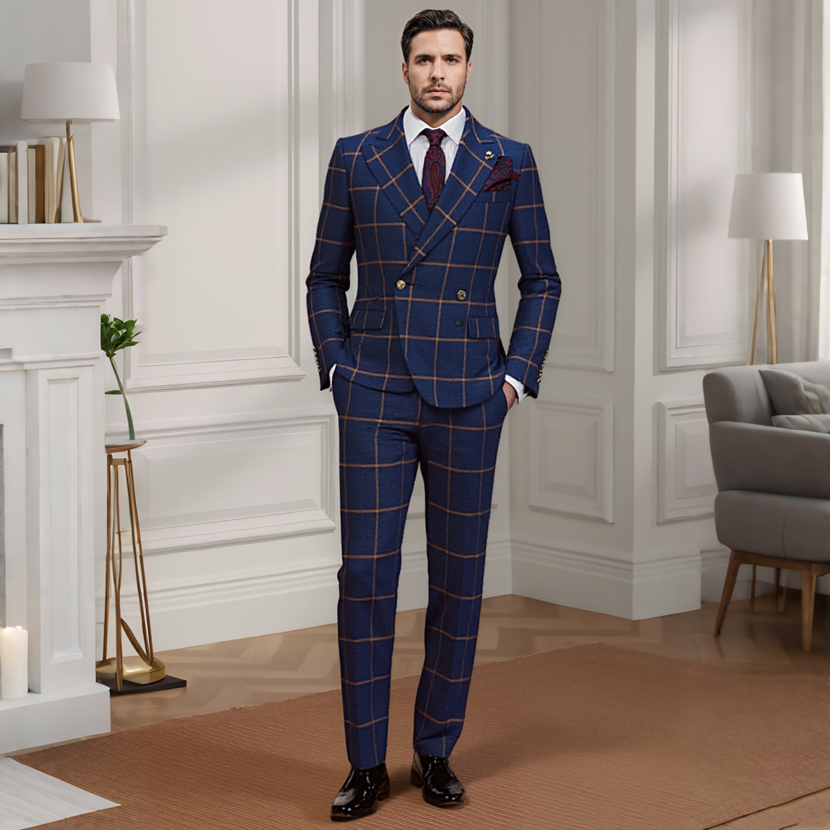 Men's Checked Blazer Peak Lapel Double Breasted Buttons Coat for Daily Business Trip