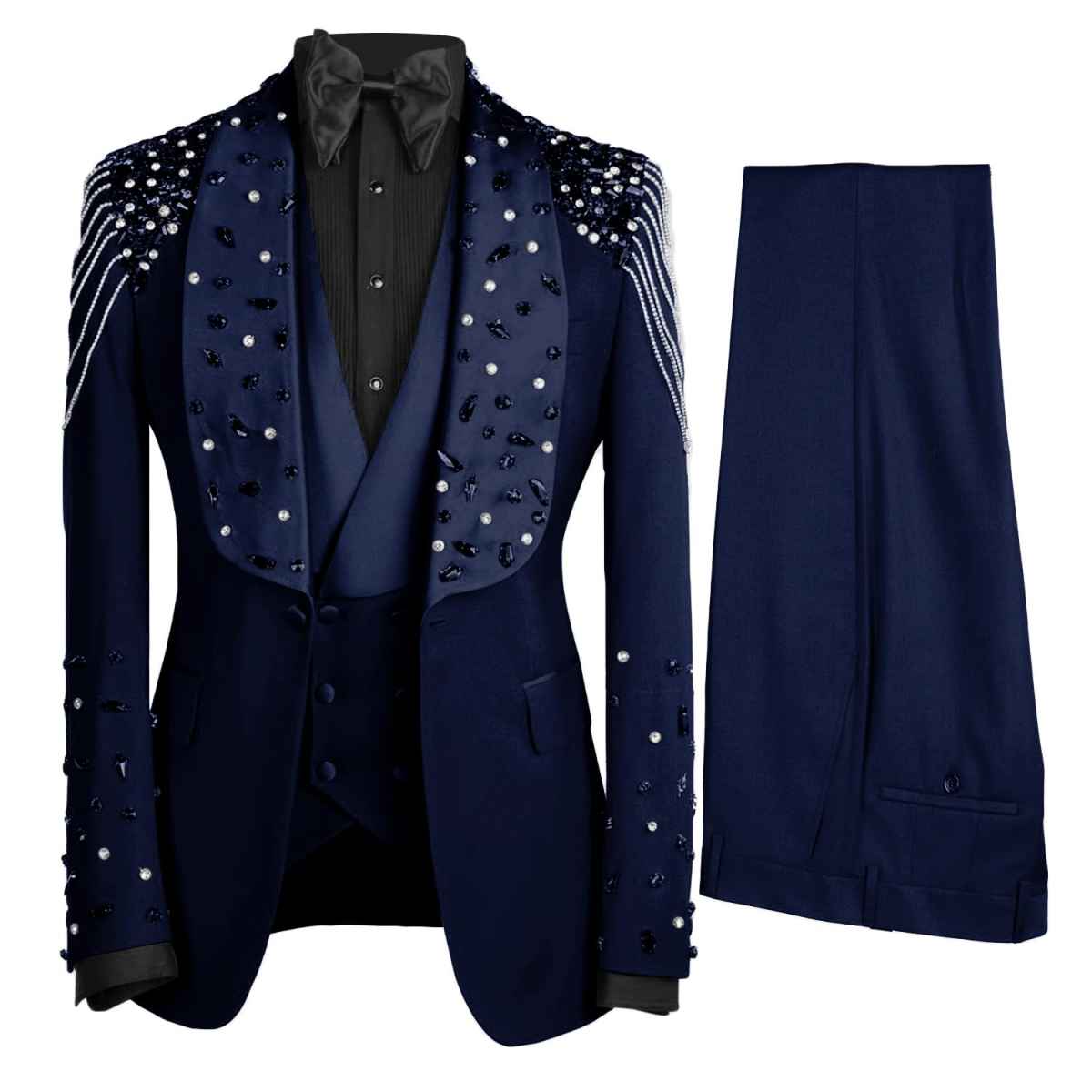 3 Piece Men's Tuxedo Suit with Rhinestones Luxury Prom Blazers Set | Slim Shawl Lapel Jacket Vest Pants Suit for Homecoming, Wedding, Party, Dinner