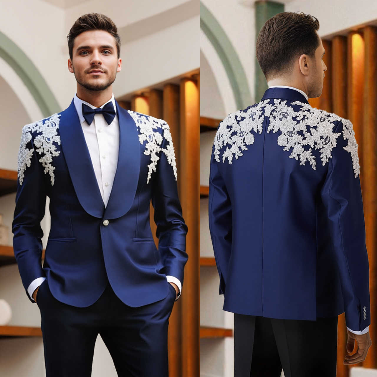 Men's Royal Blue Satin Shawl Lapel Tuxedo Jacket, Hand Silver Floral Rhinestone Embroidery On Shoulders Slim Formal Blazer for Groom Wedding Banquet