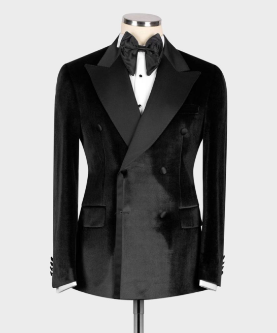 Men's Double Breasted Velvet Tuxedo Blazer In Black & Emerald Green, Wide Satin Peak Lapel Slim Formal Jacket For Wedding Banquet Stage