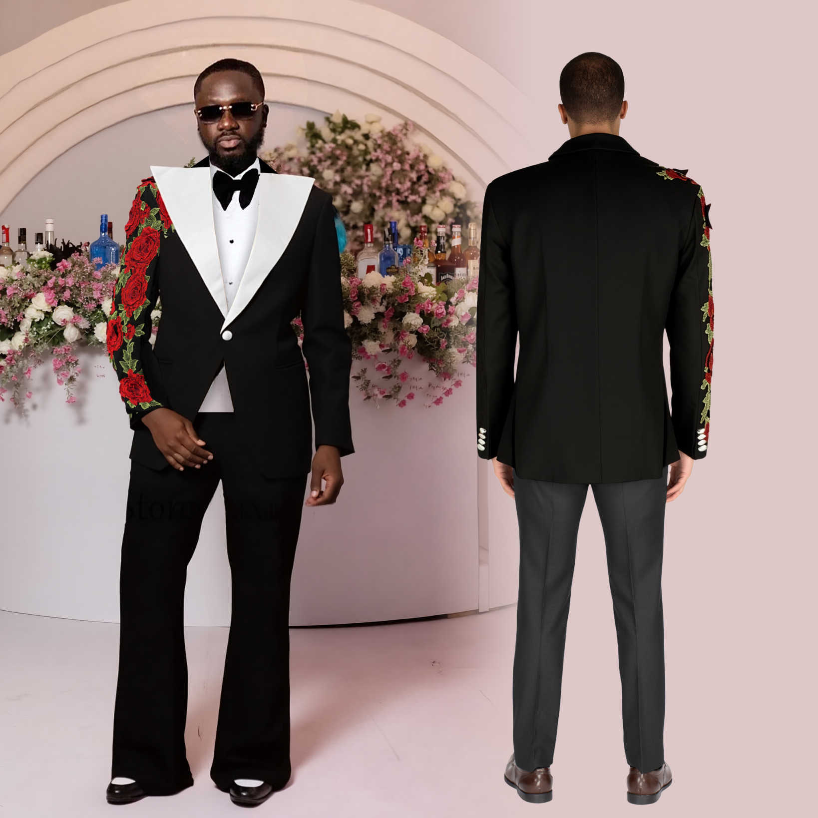 Unique Men Suits Wedding Rose 2 Pieces Set Coat Peaked Lapel Tailor-Made Groom Blazer One Button Party Customized Jacket Pants