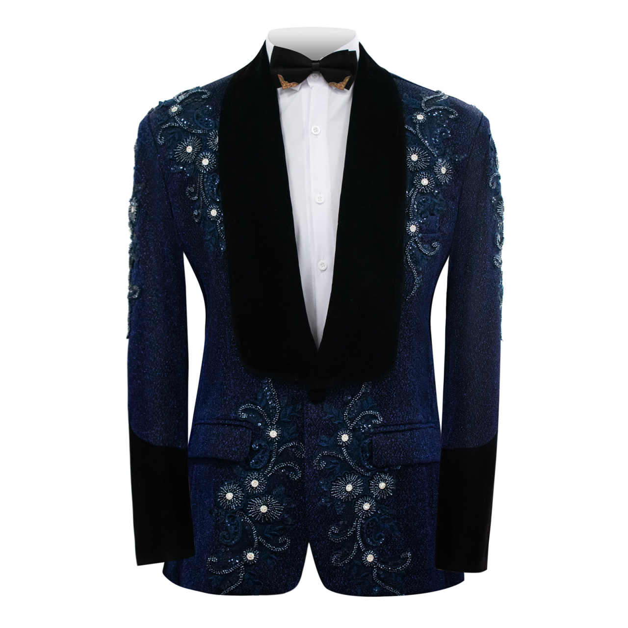 Men Luxury Velvet Lapel Embroidered Sequin Tuxedo Jacket, Formal Wedding Groom Suit Coat for Host Stage Performance Party