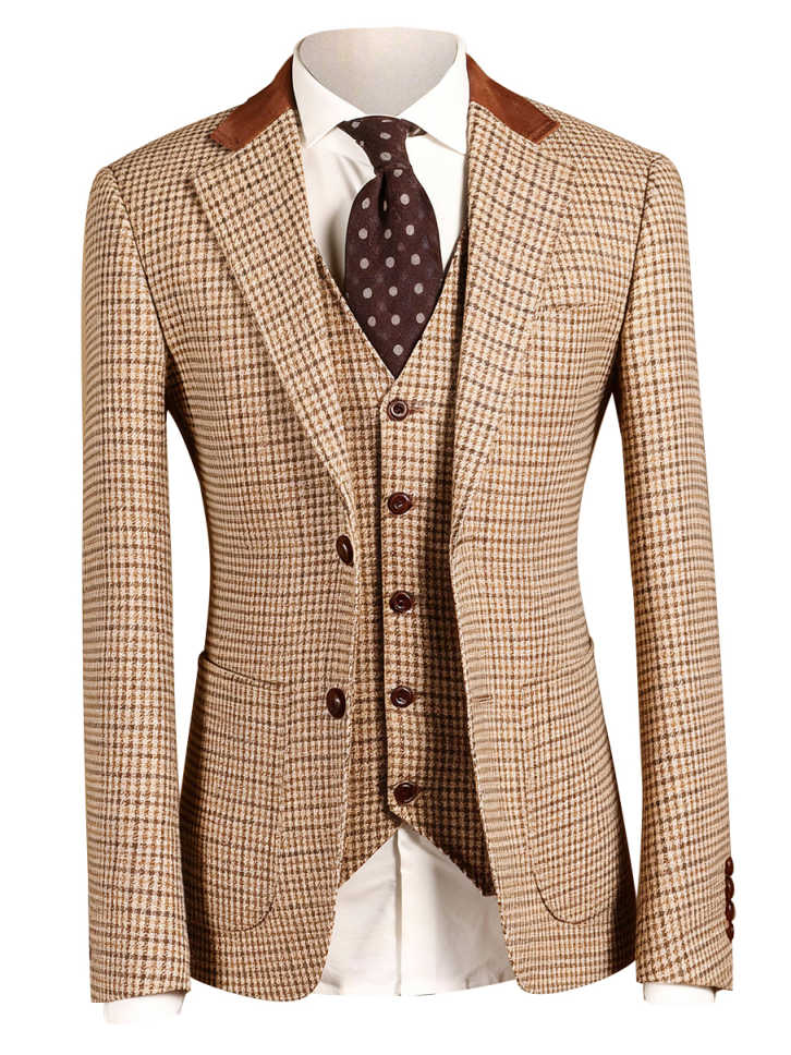 Retro 3 Piece Brown Tweed Herringbone Wedding Suits Regular Fit Blazer Vest Pants Set for Prom Dinner Business