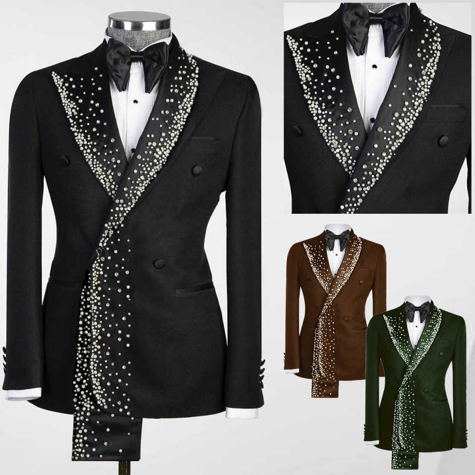 Men's Black Double Breasted Tuxedo Jacket with Gradient Waterfall Rhinestone Peak Lapel, Slim Formal Blazer for Groom Wedding Banquet Stage