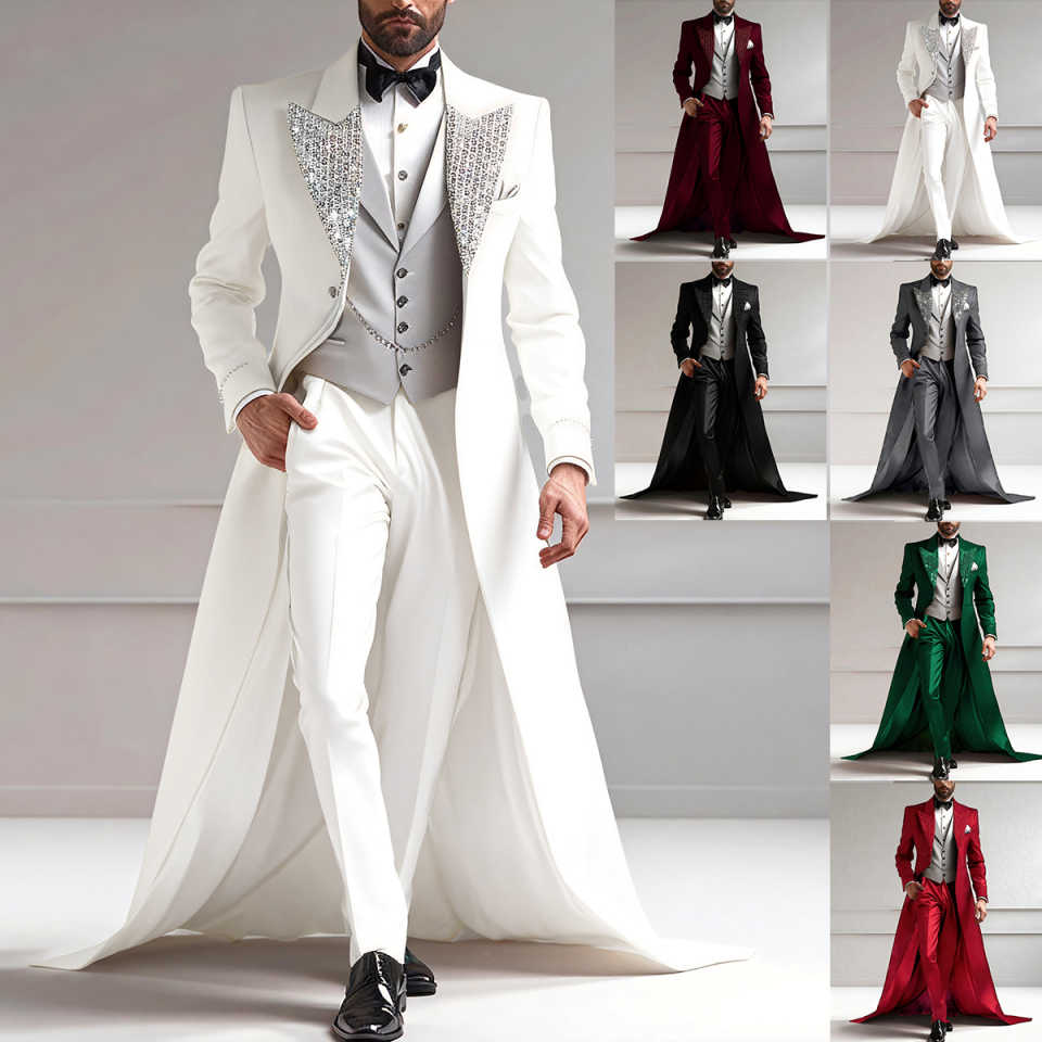 Men's Long Train Tuxedo 3-Piece Suit, Rhinestone Peak Lapel Slim Tailcoat for Groom Wedding Stage Show